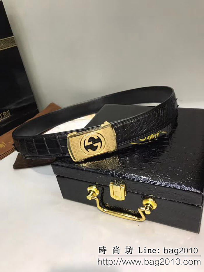 古馳CUCCI 真鱷魚骨皮尾部不拼接皮帶 高端男士皮帶 GHG1384